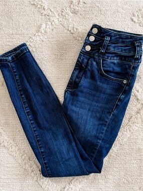 Pilcro Dark Blue High-Rise Skinny Jeans with Triple-Button Waist